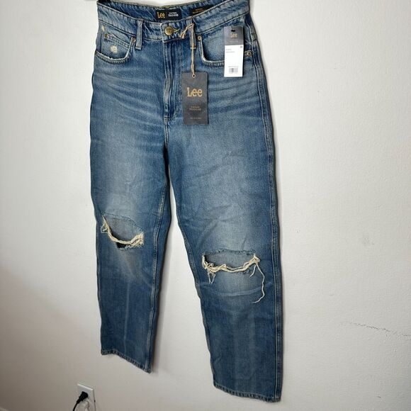 NWT Lee Vintage Medium Blue Wash High Rise Relaxed Stovepipe Distressed Jeans 28 - Picture 4 of 16